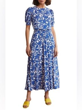 Boden Sophia Blue and White Floral Maxi Dress with Smocked Waist 8 Petite
